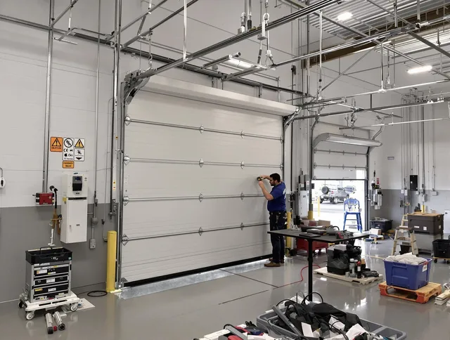 Commercial garage door repair being performed by Port St. Lucie Garage Door Repair expert in Port St. Lucie