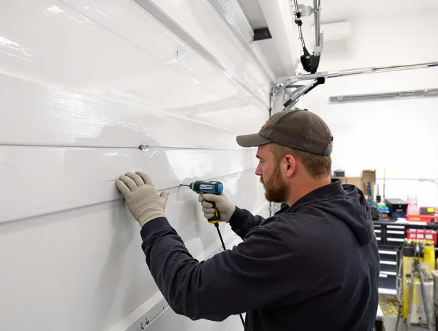 Port St. Lucie Garage Door Repair technician demonstrating precision dent removal techniques on a Port St. Lucie garage door