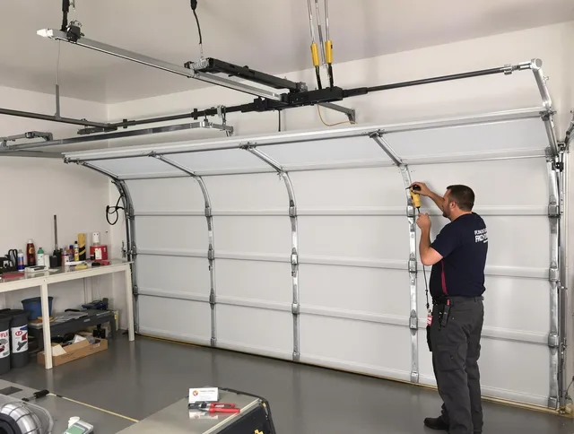Port St. Lucie Garage Door Repair certified technician performing overhead door system repair in Port St. Lucie