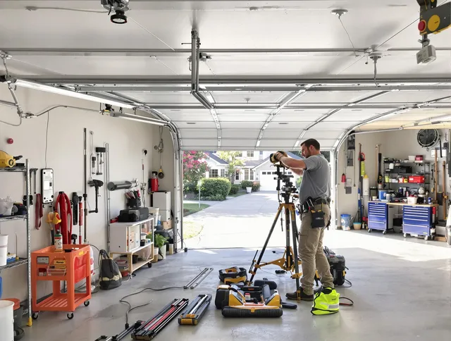 Port St. Lucie Garage Door Repair specialist performing laser-guided track alignment in Port St. Lucie